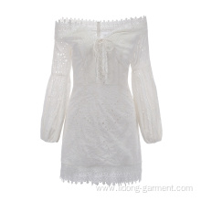 Women Puff Sleeve Shoulder Off Lace Embroidery Dress